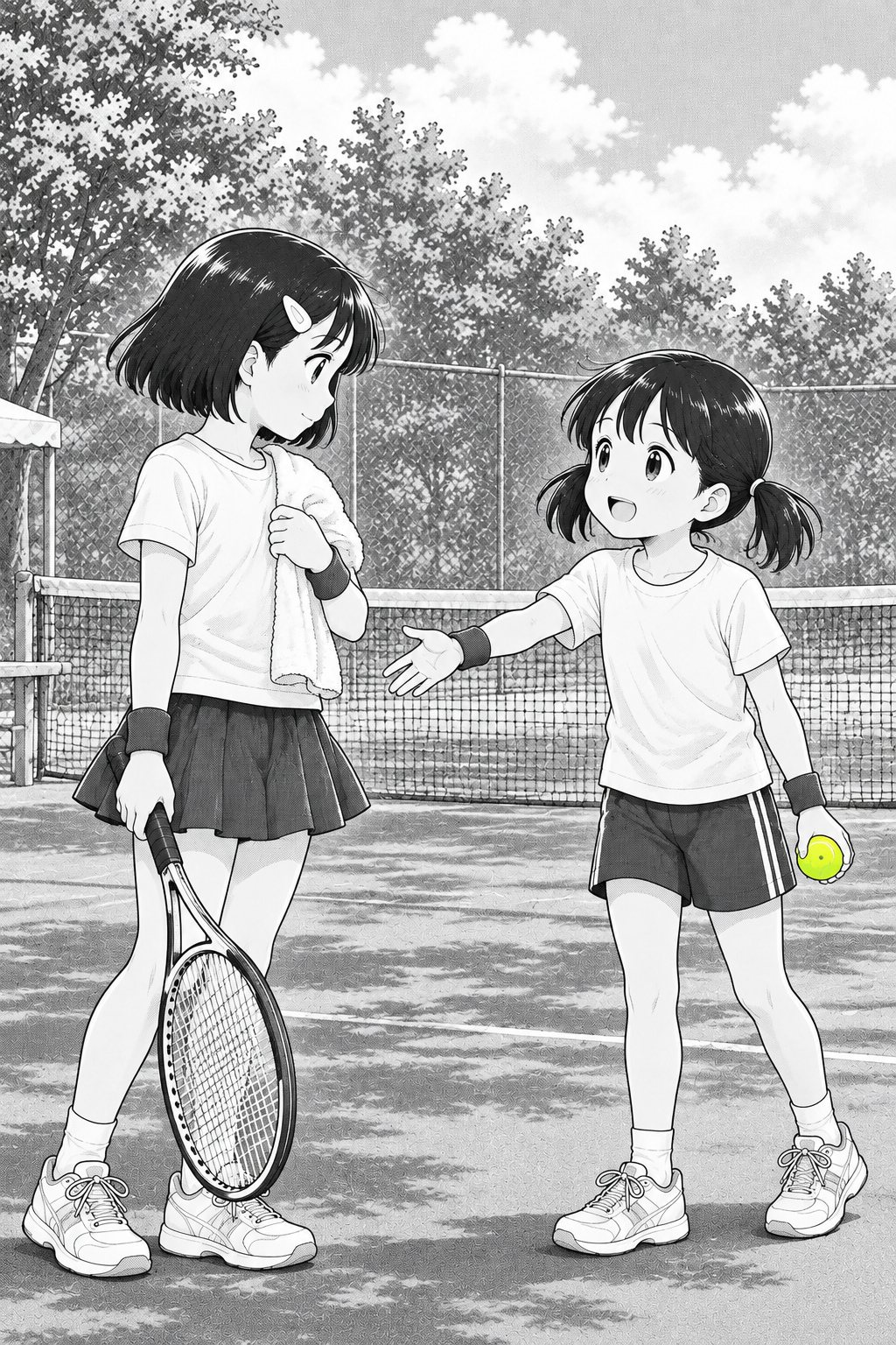 走って来た相手の子が、女の子の前で立ち止まり、片手を差し出す。