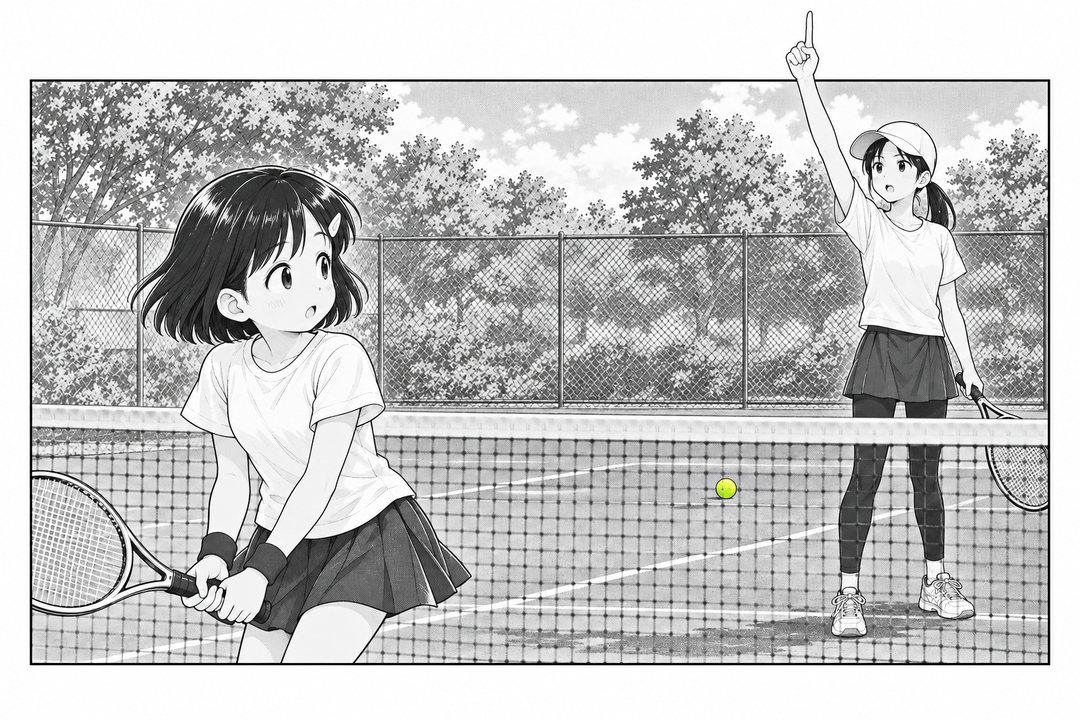 2試合目のコート。右の、帽子をかぶった背の高い相手の子が、人さし指を高く上げて「アウト」の合図をする。上げた指が、絵の枠の上の線を越えて外へ出る。左で、ラケットを構えた女の子が、はっとして相手の方を見る。