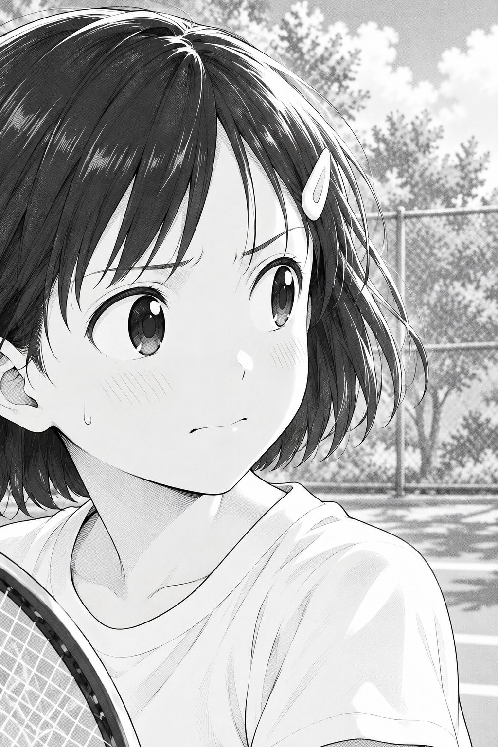 女の子の顔の寄り。眉を寄せ、唇をきゅっと結んで、横の相手のコートの方を見る。こめかみに汗。