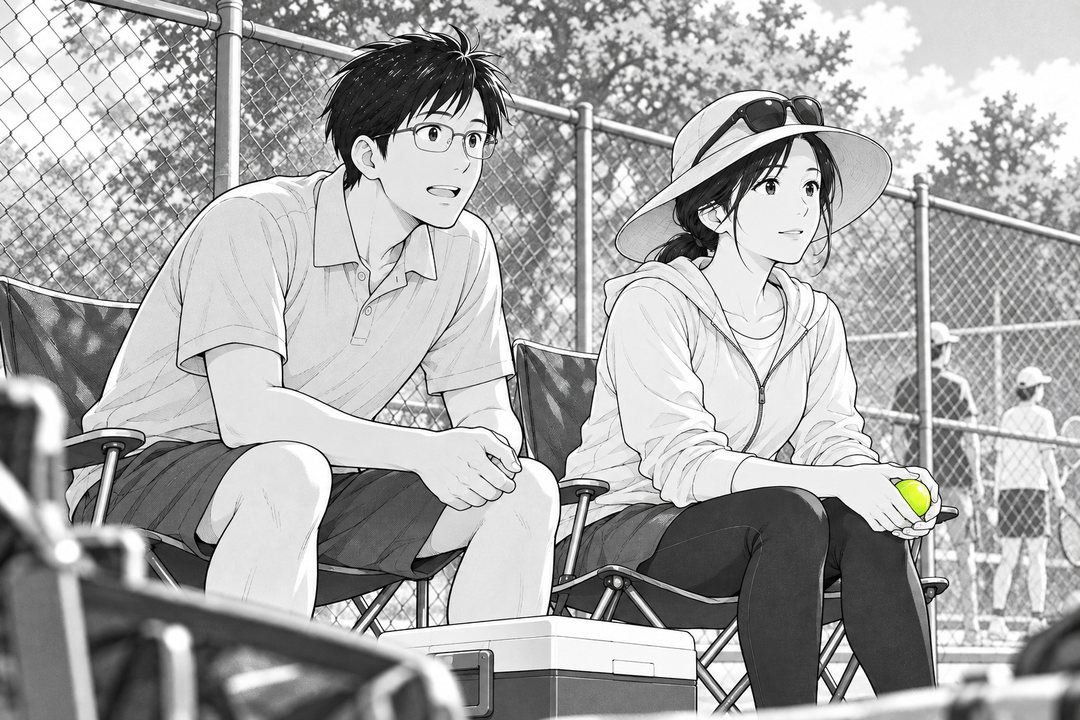 金網の外の折りたたみの椅子。左で父親が身を乗り出して右を向き、右で日よけの帽子の母親が、コートを見たまま答える。