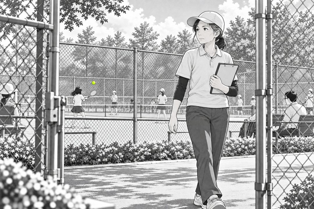 コートの後ろの通路を、帽子をかぶり、紙を挟んだ板を持った大人の女の人が歩いて行く。いくつものコートを見回している。