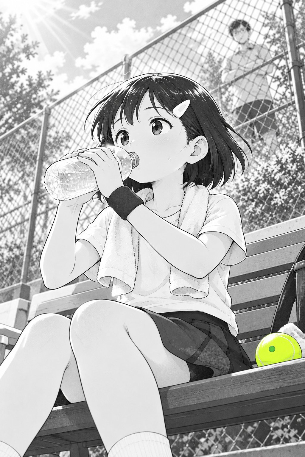 コートの横のベンチ。タオルを首に掛けた女の子が水を飲みながら、金網の外の方を見上げる。