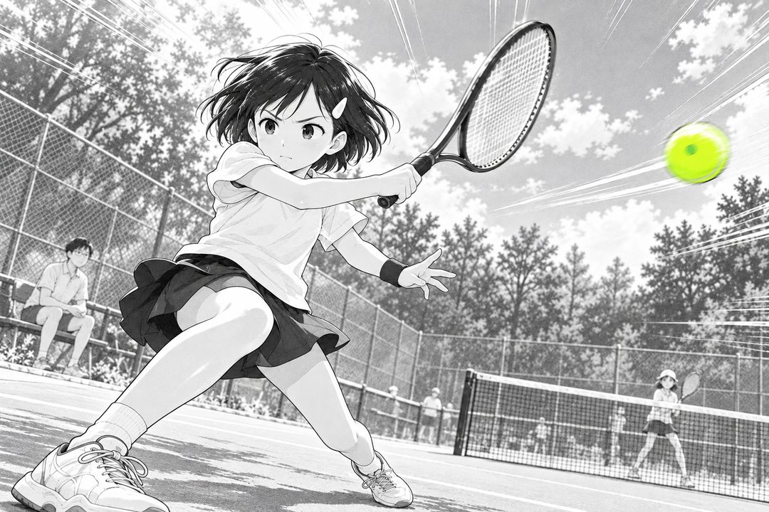 女の子が、低い姿勢から思い切りフォアハンドを振り抜く。球は相手のコートの奥へ、まっすぐ飛ぶ。