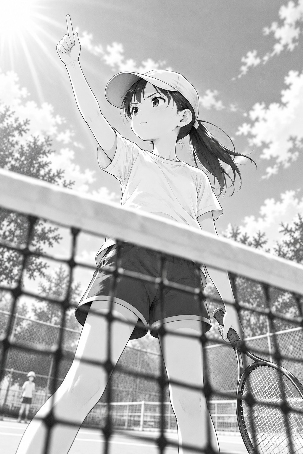 ネットの向こうの、帽子をかぶった背の高い女の子を、地面すれすれから見上げる。迷いのない顔で、人さし指をすっと高く上げる。