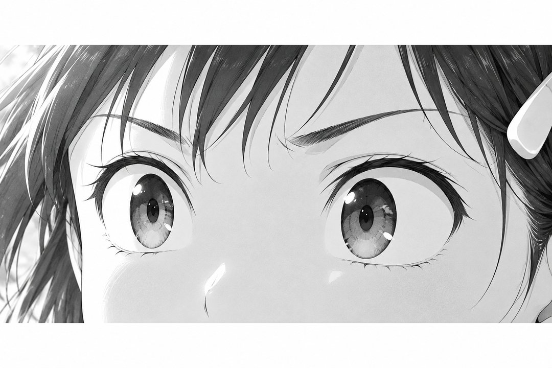 女の子の目の寄り。見開いた目が、相手のコートの線の方を見ている。