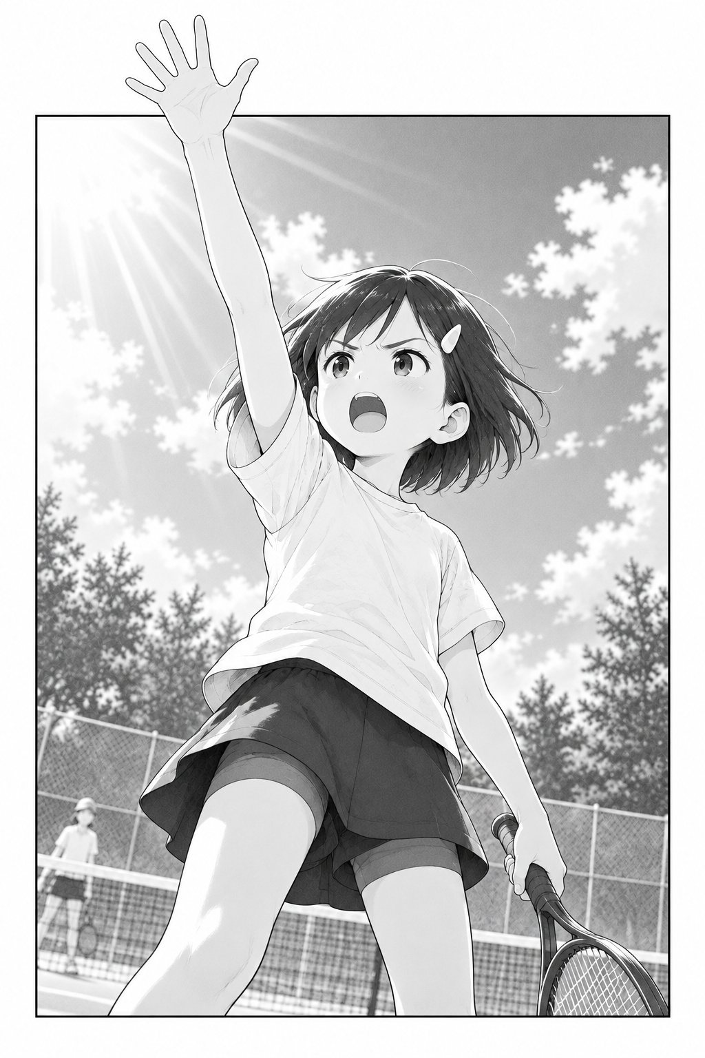 コートの中の女の子を下から見上げる。片手をまっすぐ高く挙げ、口を大きく開けて呼ぶ。挙げた手が、絵の枠の上の線を越えて外へ出る。