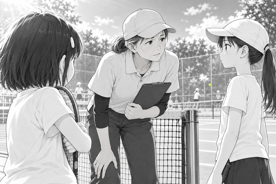 ネットのそばに来た見回りの審判の女の人が、身をかがめて帽子の女の子にたずねる。左に、ラケットを抱えた小さな女の子。