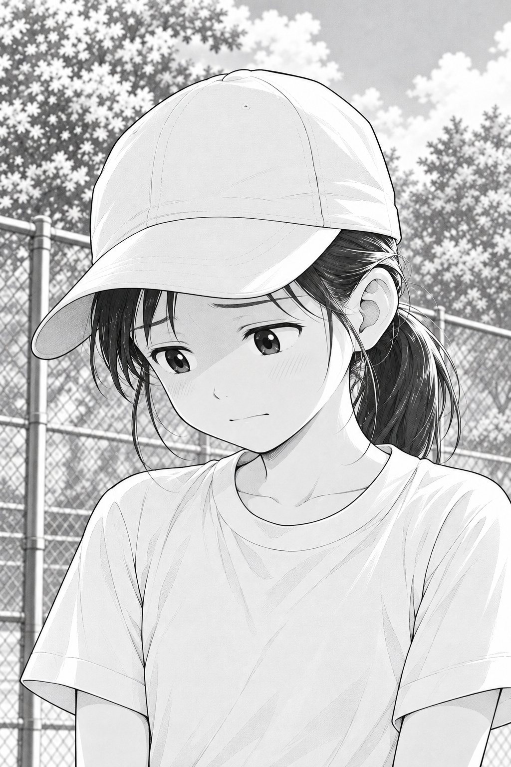 帽子のつばの影の下、背の高い女の子の胸から上。目を伏せ、口を結ぶ。