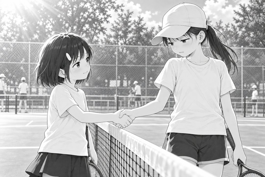 ネットをはさんで握手する2人。左の小さな女の子と、右の帽子の背の高い女の子。帽子の子は目を合わせずに何か言う。