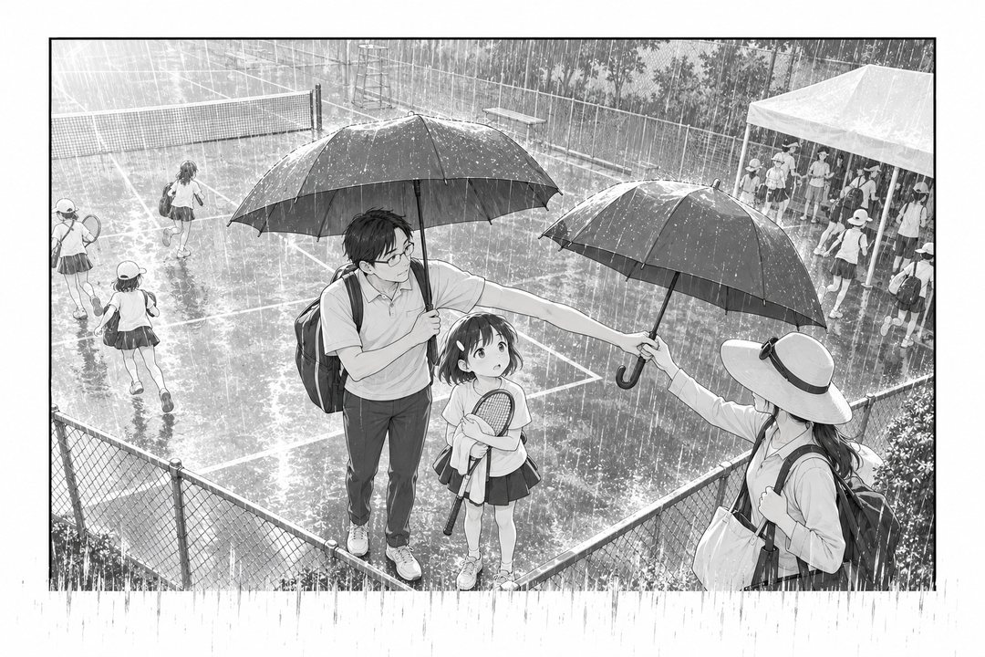 急に降り出した雨のコートを高い所から。人がテントへ走る。父親が大きな傘を2本広げ、1本を女の子にさしかけ、もう1本を日よけの帽子の母親に差し出している。雨の粒が、絵の枠の下の線を越えて手前へ落ちる。