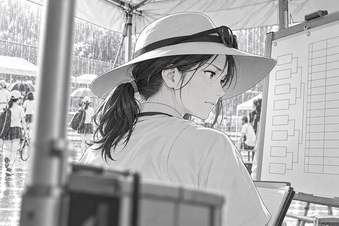 テントの中。日よけの帽子の母親の肩越しに、試合の順番の紙が貼られた板(字は読めない)。母親の横顔が、少しこわばっている。