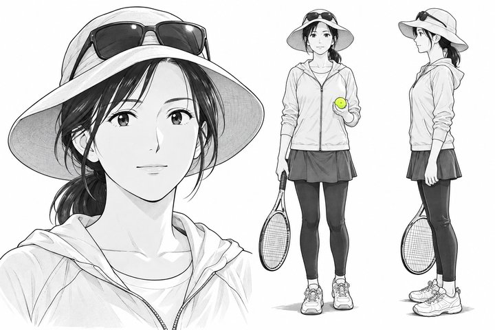 「アウトは、自分で言う。」の長谷川 律子の設定画（全身と顔）