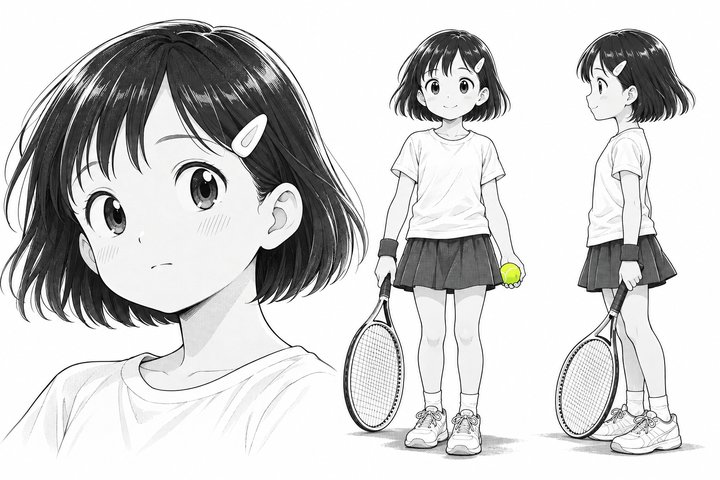 「アウトは、自分で言う。」の森下 ひかりの設定画（全身と顔）
