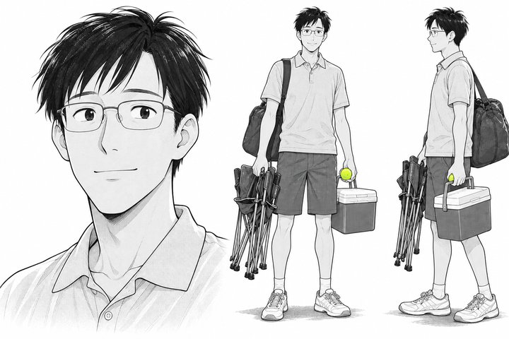 「アウトは、自分で言う。」の森下 隆之の設定画（全身と顔）