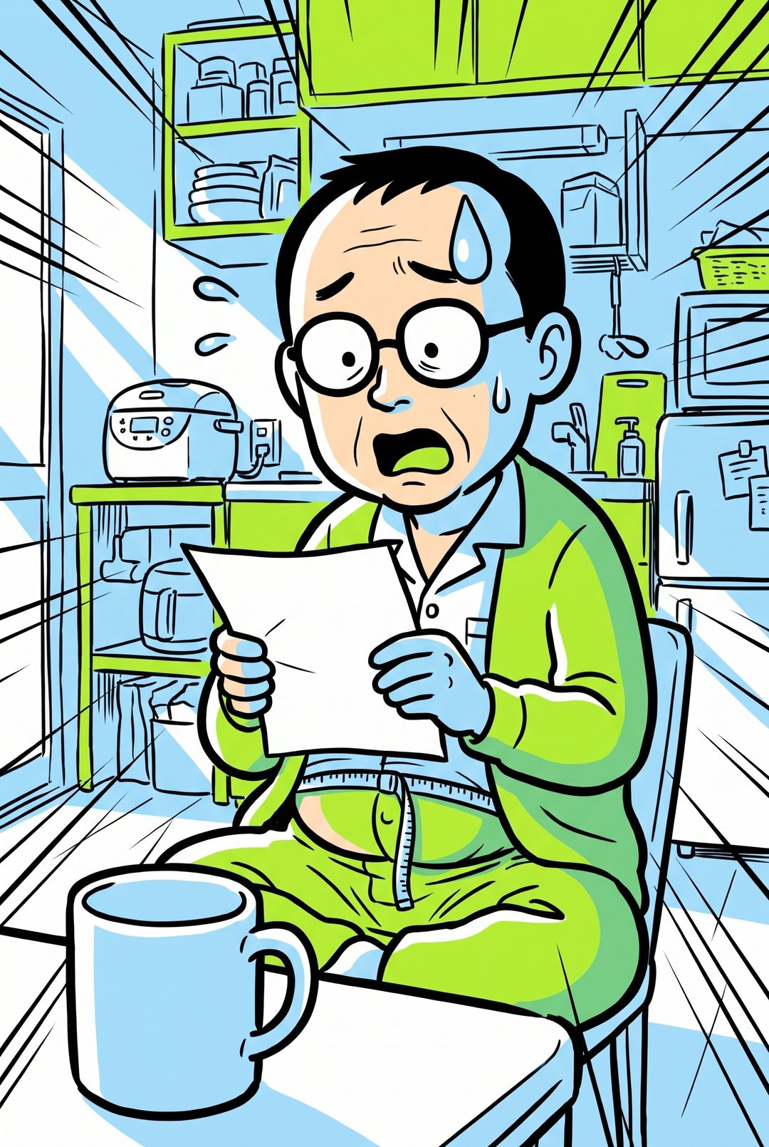 朝の台所のテーブル。緑のパジャマにカーディガンの丸眼鏡の中年の男性が、健康診断の結果の紙（読めない行だけ）を片手に持ち、口を開けて汗をかいて固まっている。お腹に巻いたメジャーが垂れている。手前にマグカップ。