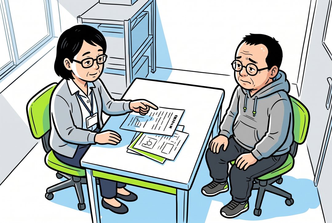 白い小さな面談室。机をはさんで、左にボブで四角い眼鏡の女性の保健師が書類を指さし、右に灰色のパーカーで背中を丸めた中年の男性が座っている。窓から昼の白い光。