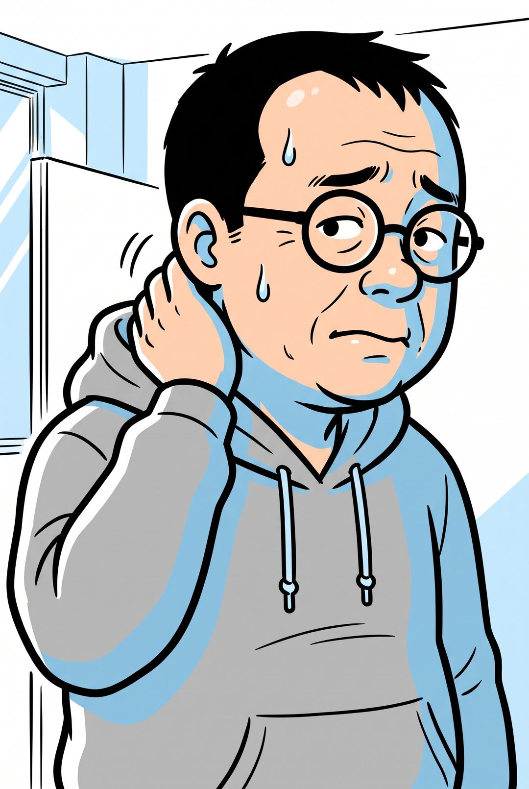 気まずそうに目をそらし、首の後ろをかく中年の男性の寄り。