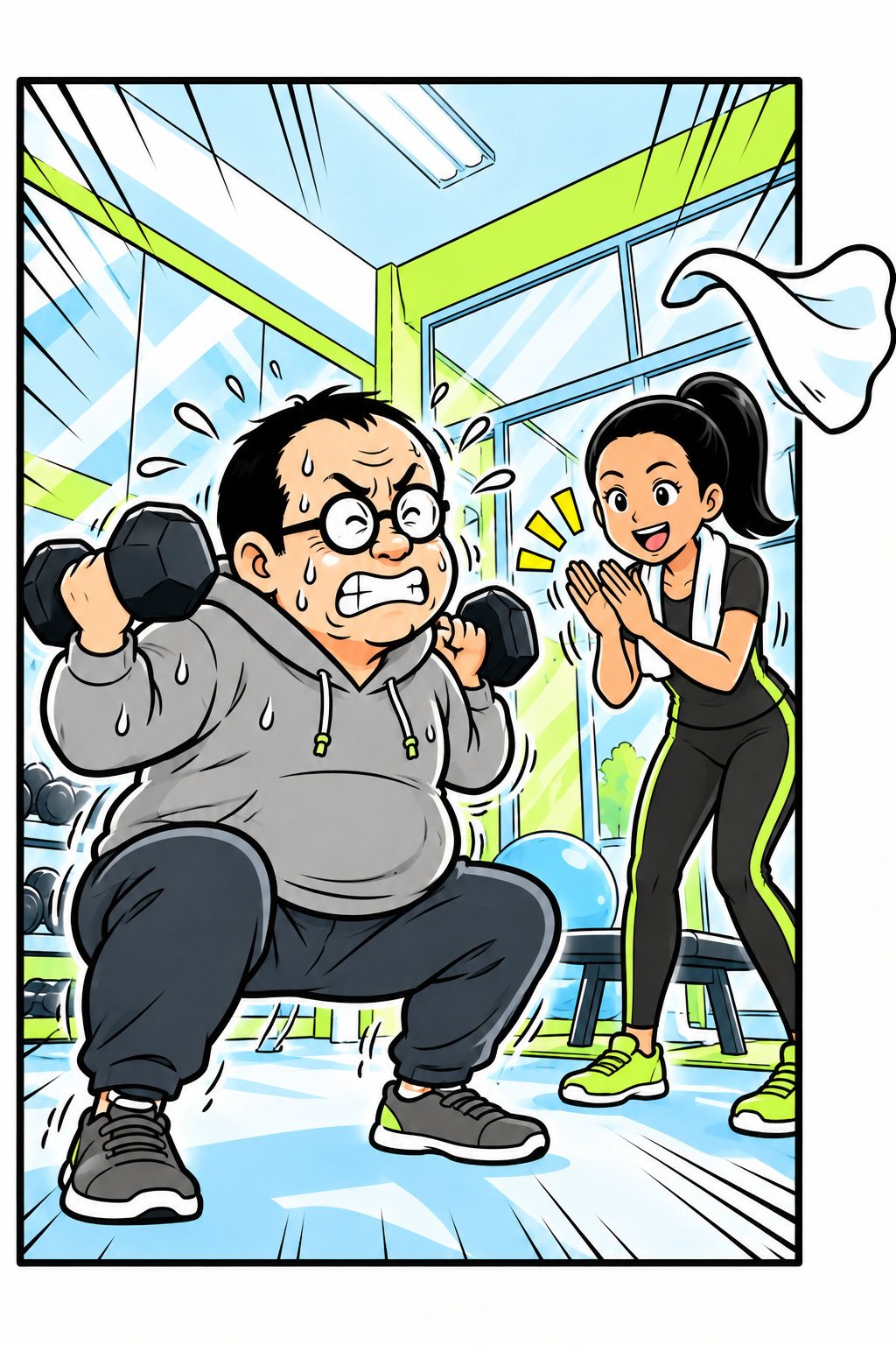 明るいトレーニングの部屋。両手にダンベルを持ってスクワットをする中年の男性が汗だくで歯を食いしばり、右で若い女性のトレーナーが手をたたいて数えている。男性の首のタオルが勢いで飛ぶ。