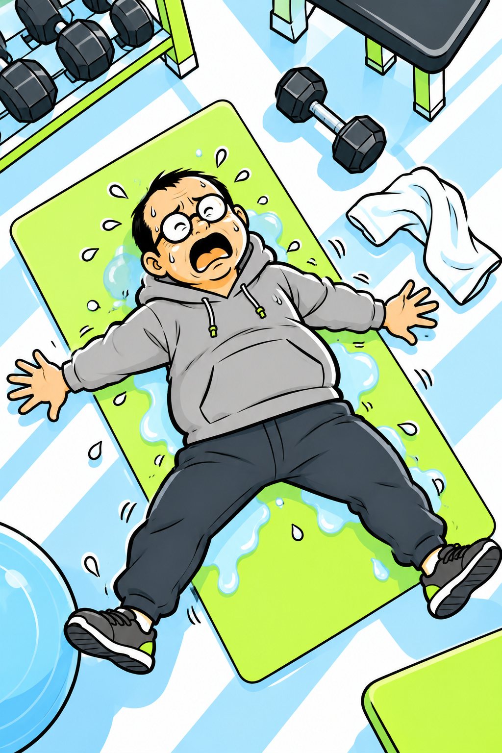 真上から見たトレーニングのマット。大の字にのびた中年の男性が、汗の水たまりの中で天井を見ている。そばに転がるダンベルと、飛んでいったタオル。