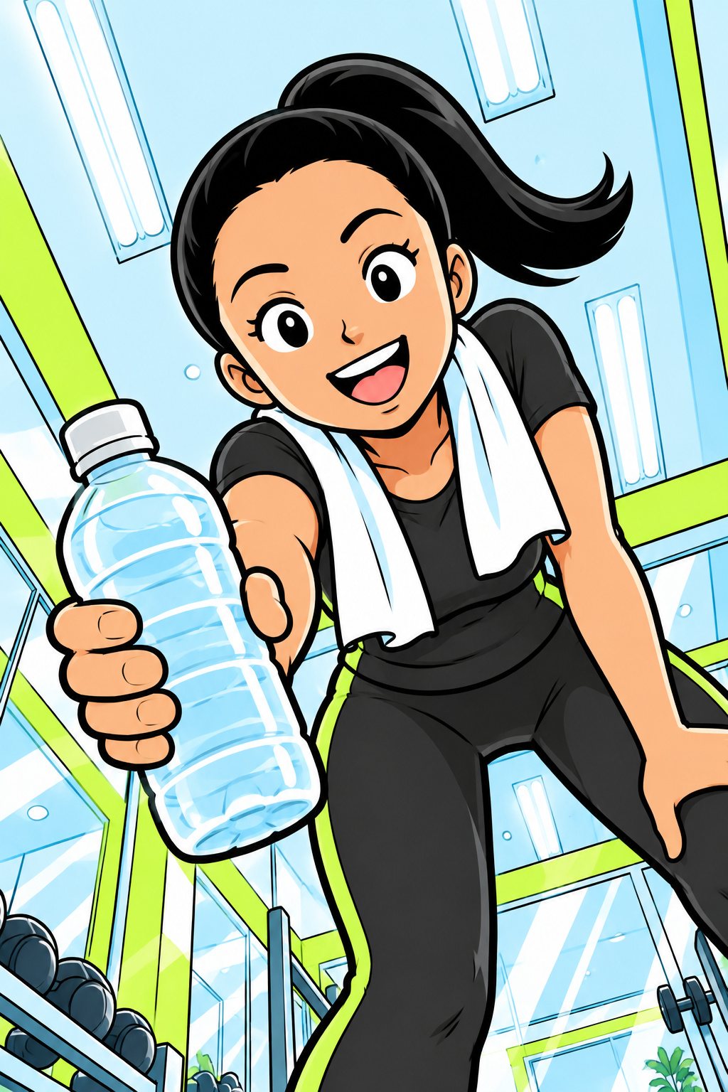 マットにのびた男性を、上からのぞき込む若い女性のトレーナーの満面の笑顔。手に水のボトル。