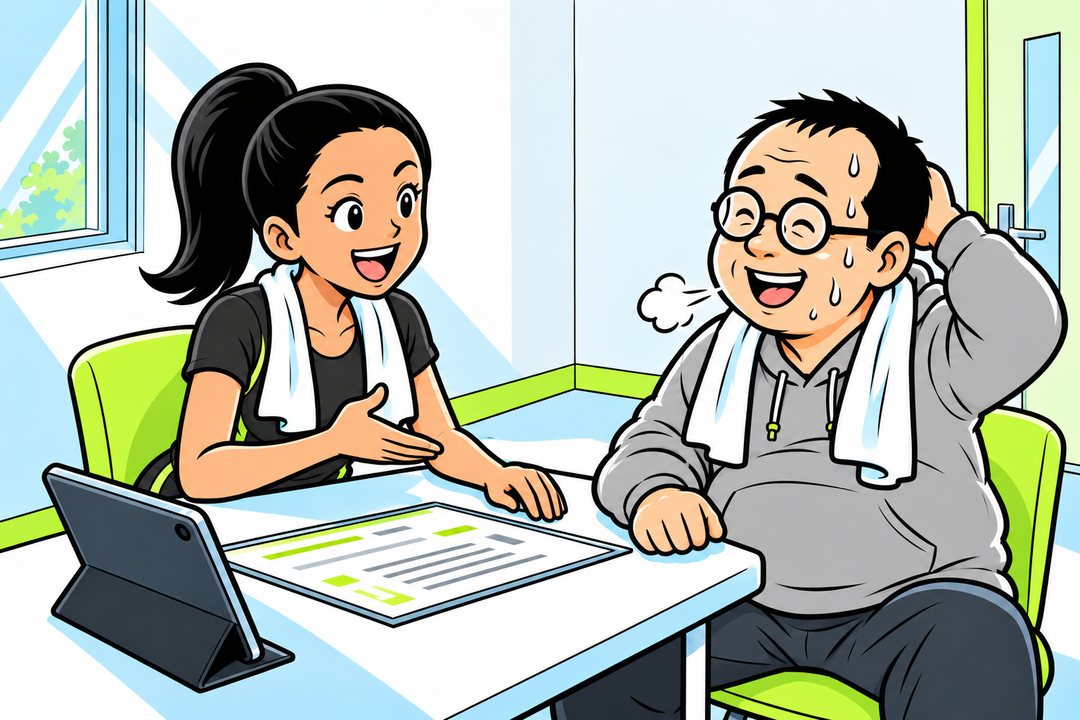 小さなカウンセリングの部屋。机の上に料金の紙とタブレット（どちらも読めない線と光だけ）。左にトレーナーがにこやかに座り、右に汗の引かない中年の男性がタオルを首にかけて座っている。