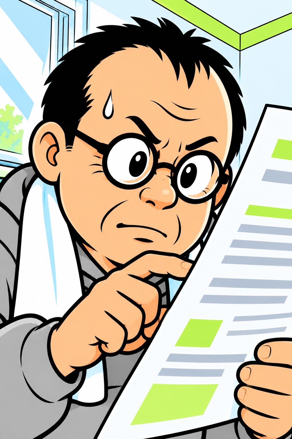 カウンセリングの部屋で、受け取った契約書を顔の前まで持ち上げ、じっと読む中年の男性の寄り。経理の人らしく、紙の行を指でなぞっている。