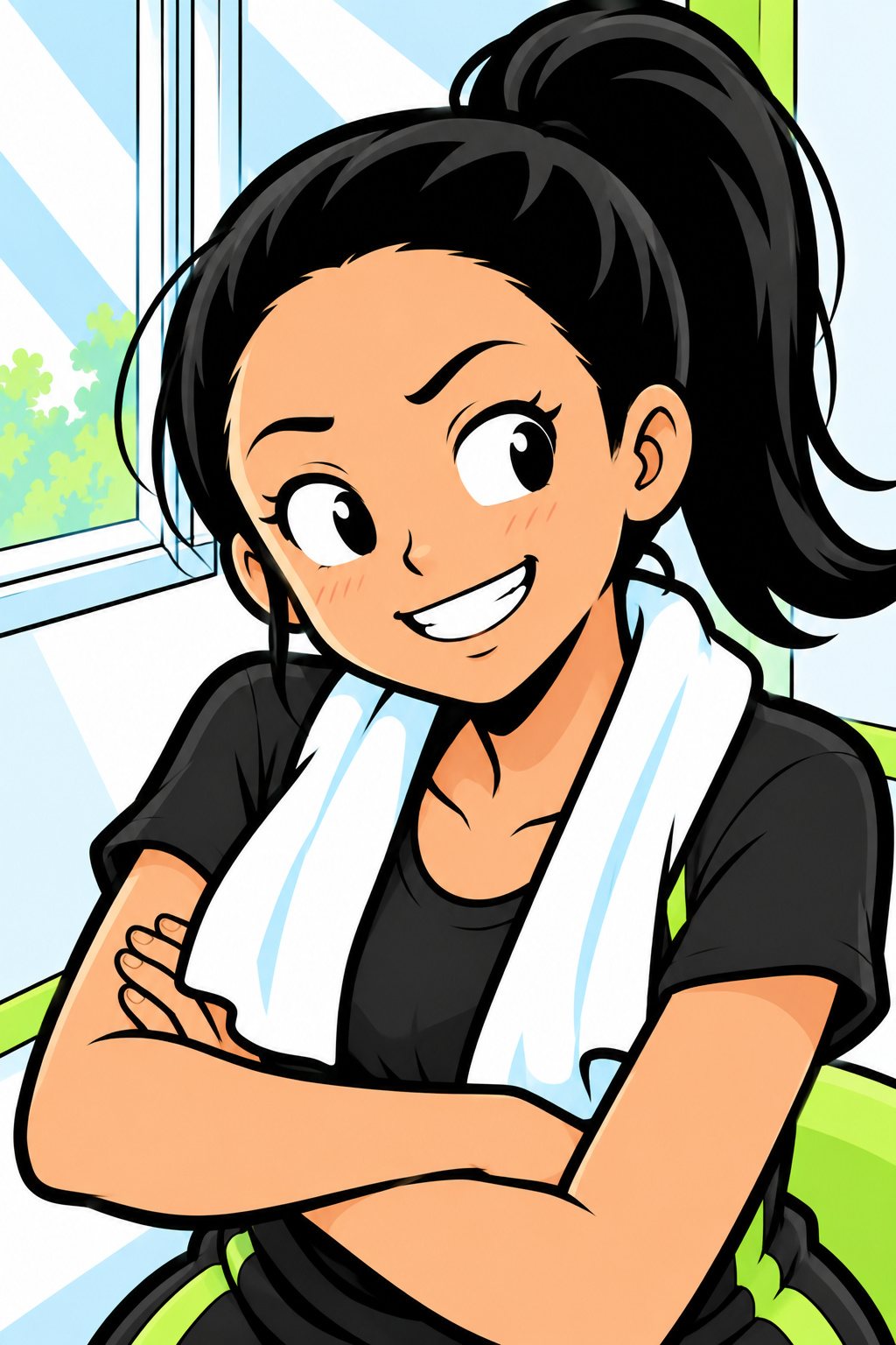 腕を組んで、にっと笑う若い女性のトレーナーの寄り。少し感心したような目。