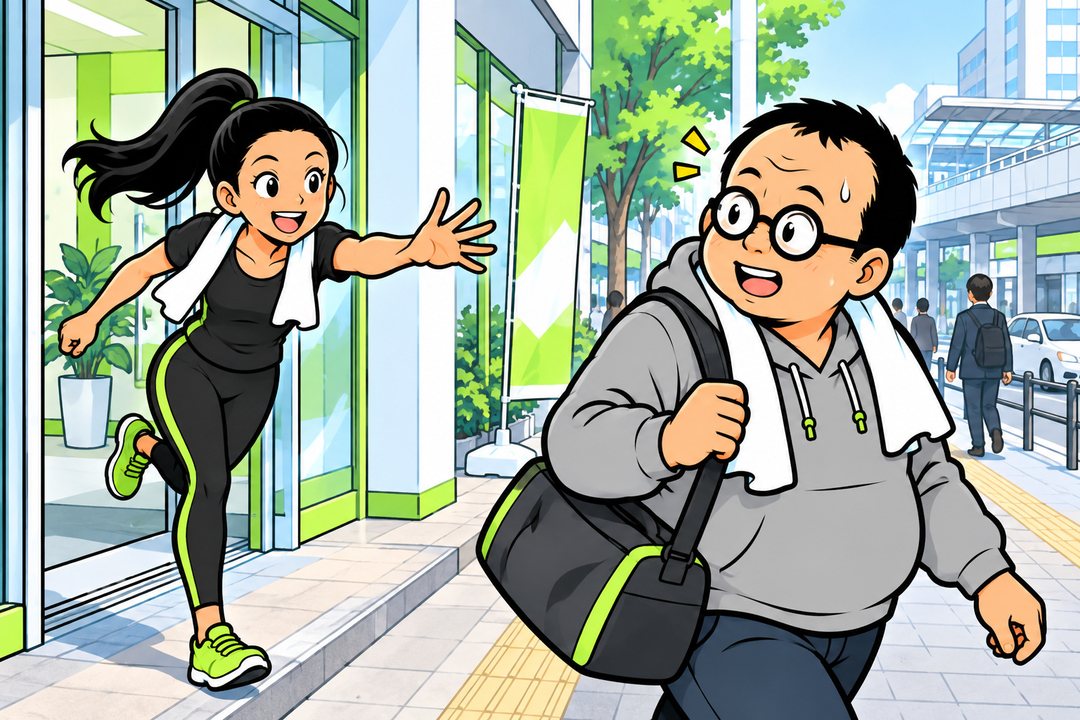 駅前の歩道。ジムのビルの入口から腕をのばして駆け出してきた若い女性のトレーナーと、スポーツバッグを提げて振り返る中年の男性。白っぽい曇りの光。