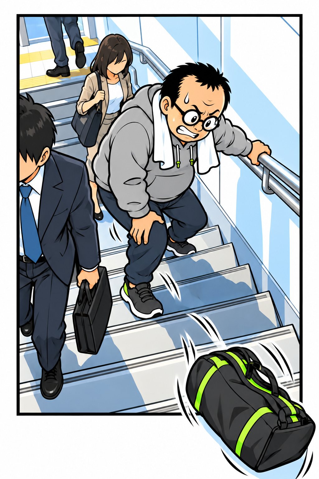 駅の階段の途中で、手すりにしがみついて固まる中年の男性。太ももを押さえ、顔をしかめている。肩から落ちたスポーツバッグが下の段へ滑っていく。通勤の人たちが横を追い越していく。