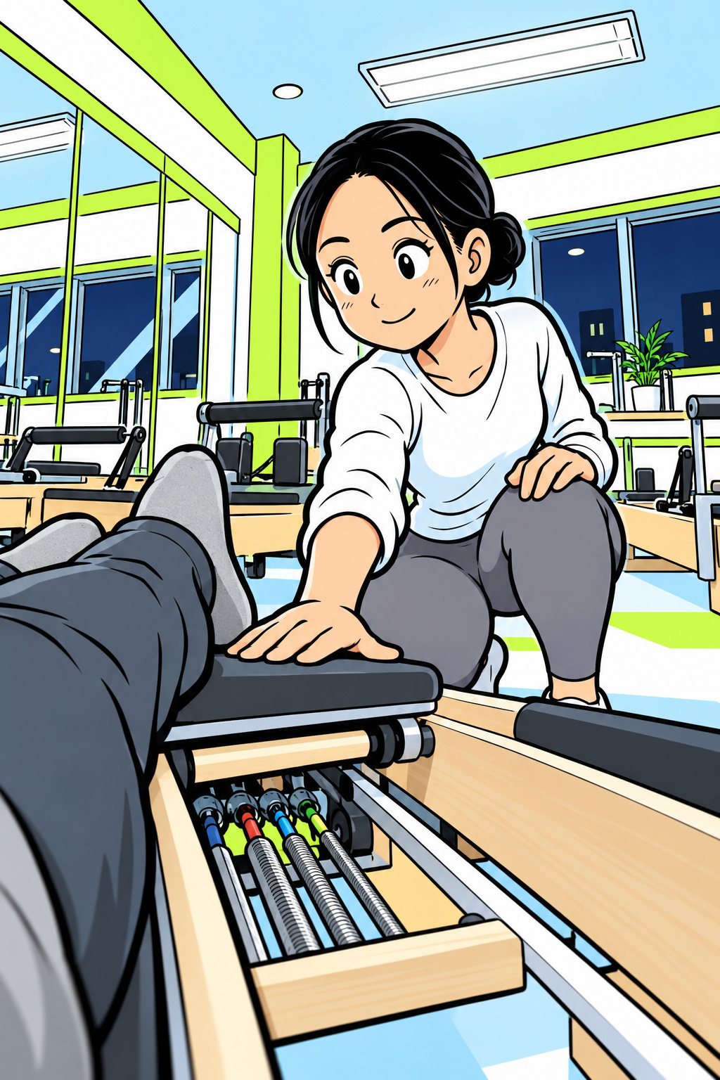 台の足もとにしゃがみ、片手で台を軽く押さえて止める女性のインストラクター。低い位置のおだんごの髪、白い長袖とグレーのレギンス。落ち着いた笑顔。