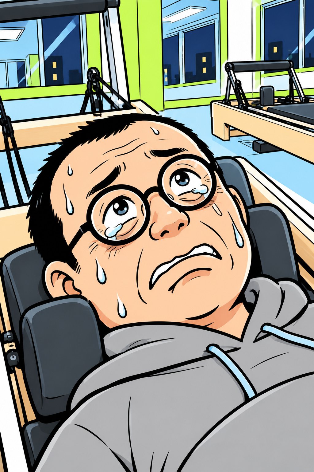 台に寝たまま、汗の吹き出した顔で天井を見上げる中年の男性の寄り。眉が下がり、目に涙。