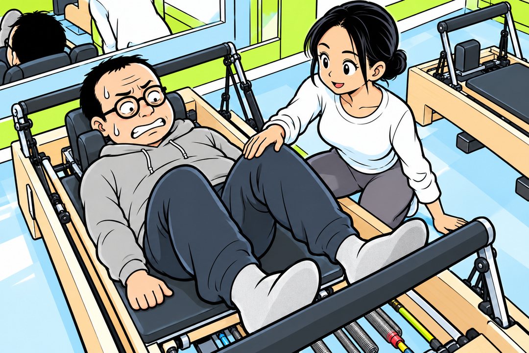 台に寝た中年の男性が、足の裏で足もとの棒を押して台を滑らせる。横で女性のインストラクターが、男性のひざに軽く手を添えて向きを直す。壁の鏡。