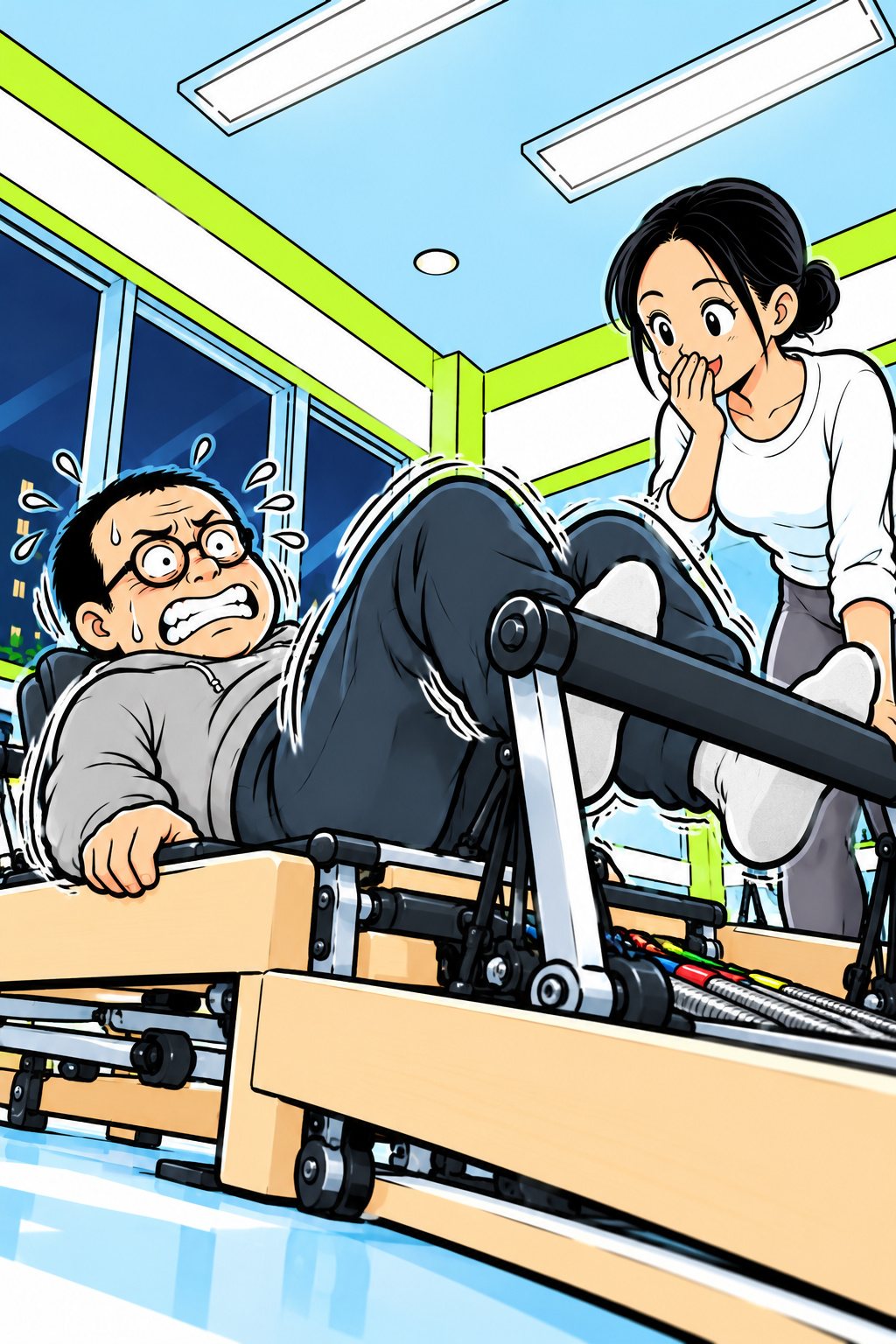 台の上でぶるぶる震える中年の男性。台がぐらぐら揺れ、汗が飛び、歯を食いしばる。横でインストラクターが口に手を当てて笑いをこらえる。