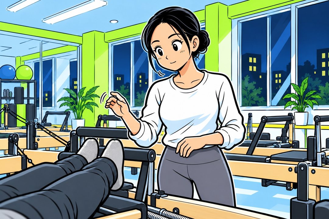 指で拍子を取りながら、静かにうなずくインストラクター。