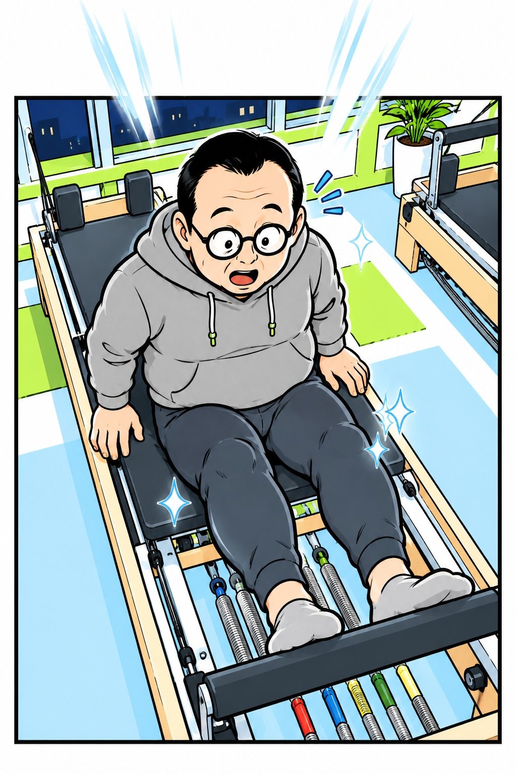 レッスンの後。台の上で体を起こし、自分の脚をまじまじと見る中年の男性。驚いた顔。窓の外は夜、スタジオは白い明かり。