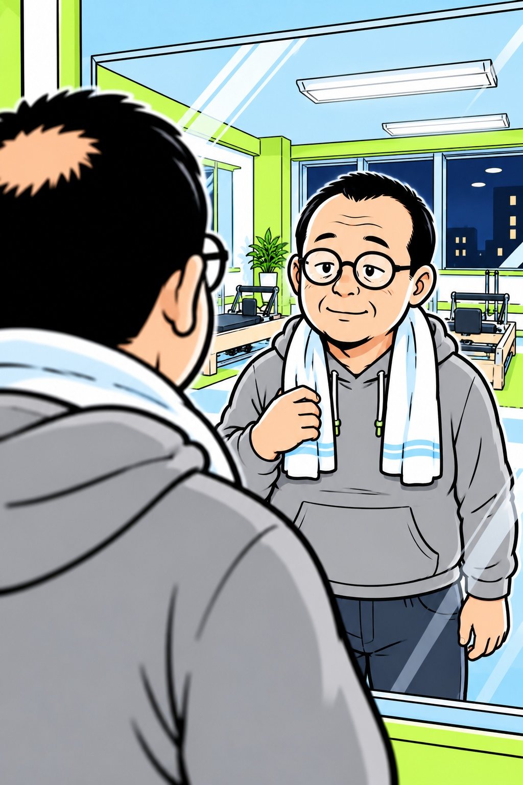 スタジオの鏡に映る自分を見る中年の男性の後ろ姿と、鏡の中の少し照れた笑顔。首にタオル。
