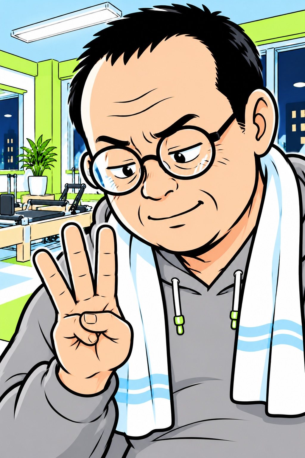 首にタオルの中年の男性が目を細め、指を3本立てて数を数えている寄り。丸眼鏡が光る。経理の顔。