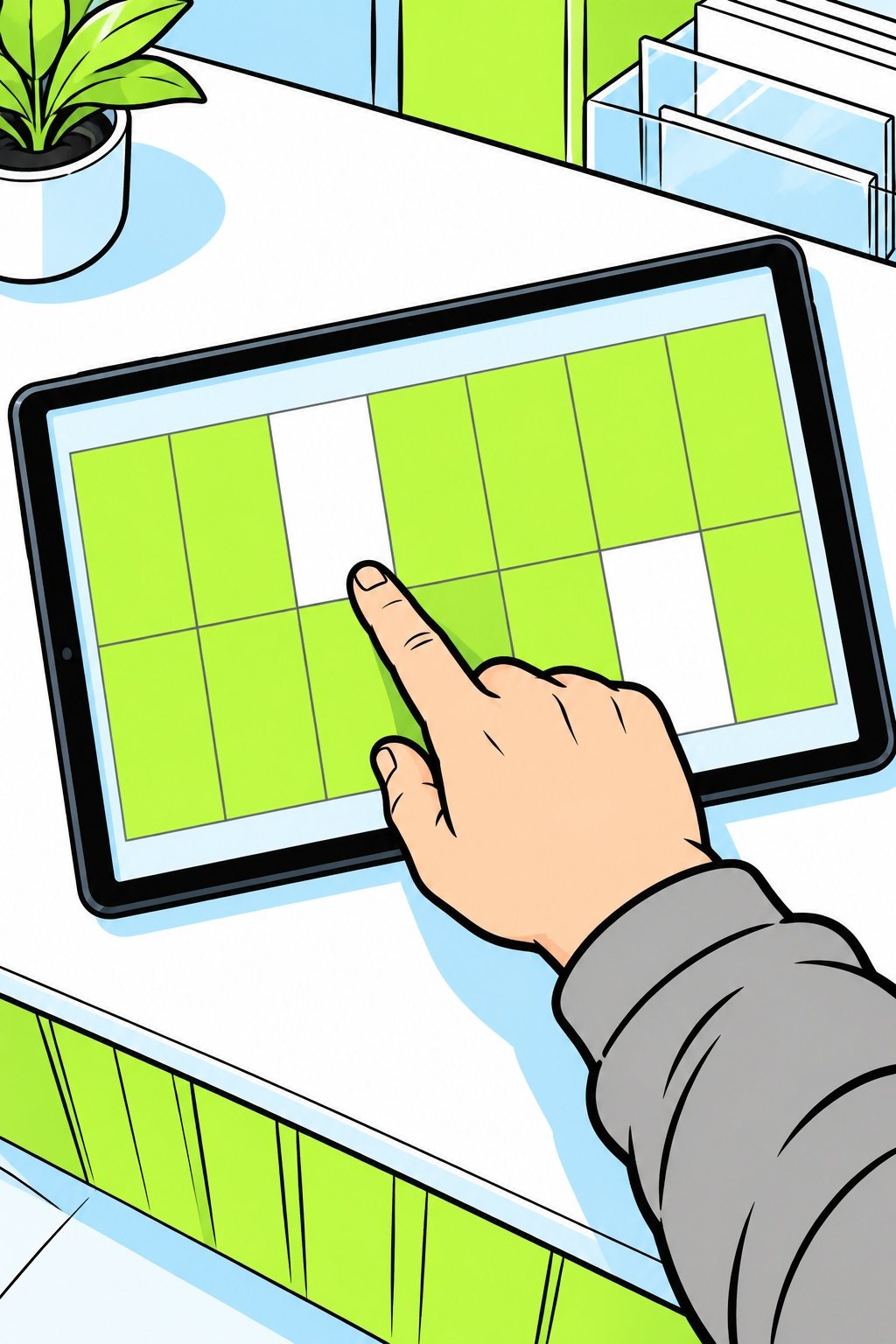 カウンターの上のタブレットの予約の画面の寄り。2週間分のます目がライムの色でほとんど埋まり、白い空きは2つだけ。中年の男性の人さし指が、空きの1つを指す。字は無い。