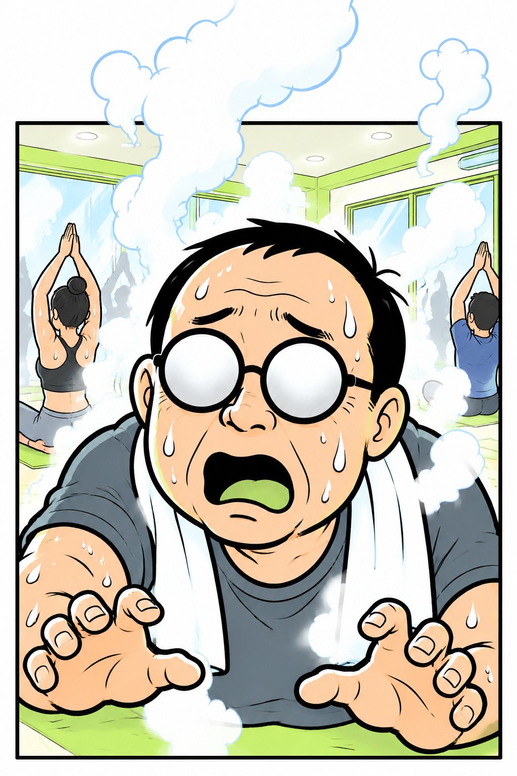湯気のこもったホットヨガの部屋。マットに座った中年の男性の丸眼鏡が真っ白に曇り、顔から汗が流れ、両手で前を探っている。