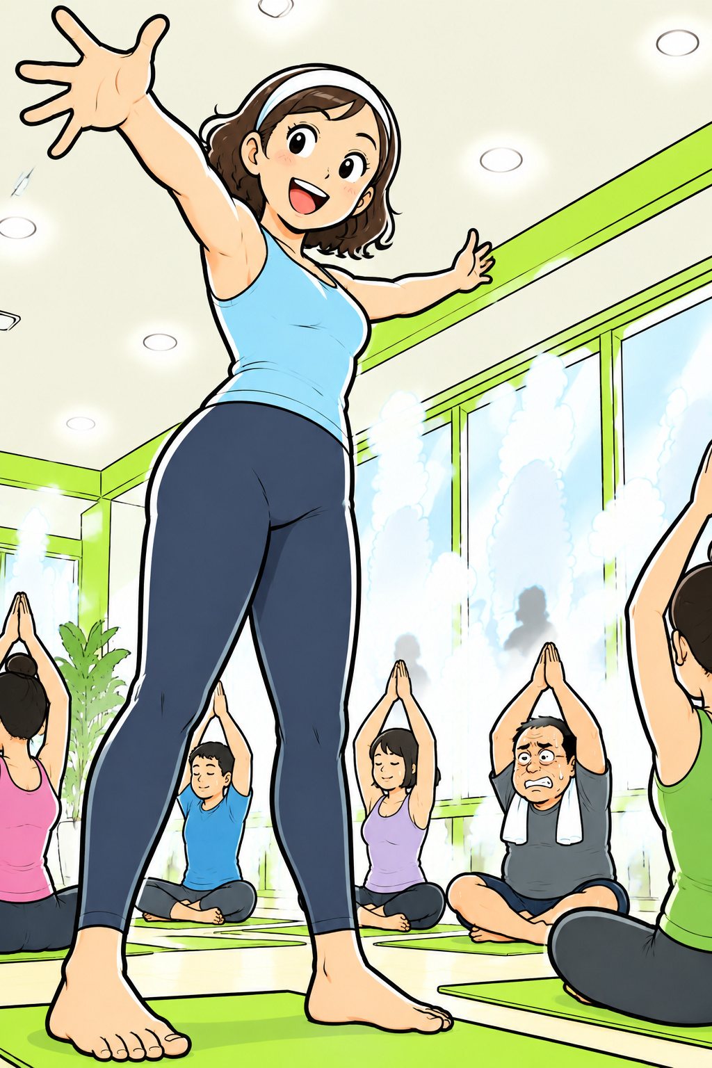 部屋の前で両腕を大きく広げて明るく笑う、若い女性のインストラクター。短いくせ毛に白いヘアバンド、空色のタンクトップ。汗ひとつかいていない。後ろの列に、汗をかく中年の男性。