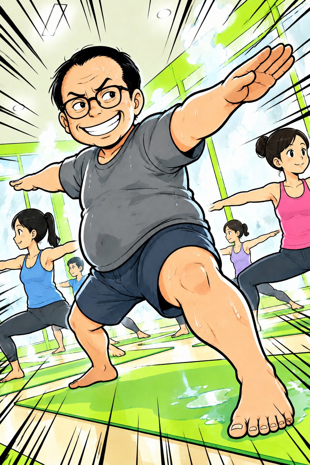 戦士のポーズの列。斜めの構図で、前に踏み出した中年の男性の足もとに汗の水たまり。歯を見せてにやける顔、集中線。