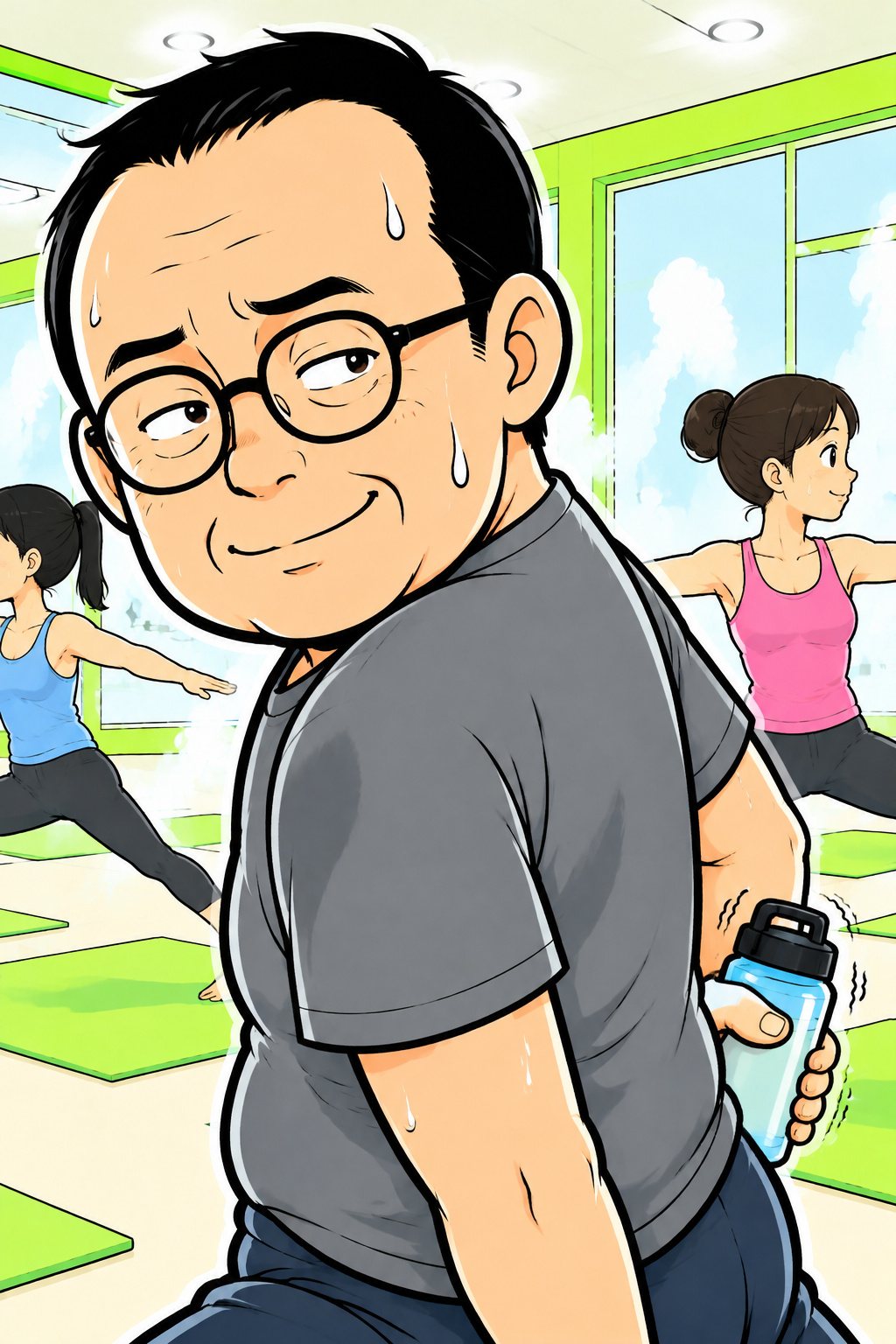 中年の男性が、水のボトルをそっと背中のうしろへ隠す寄り。目だけが横を見ている。