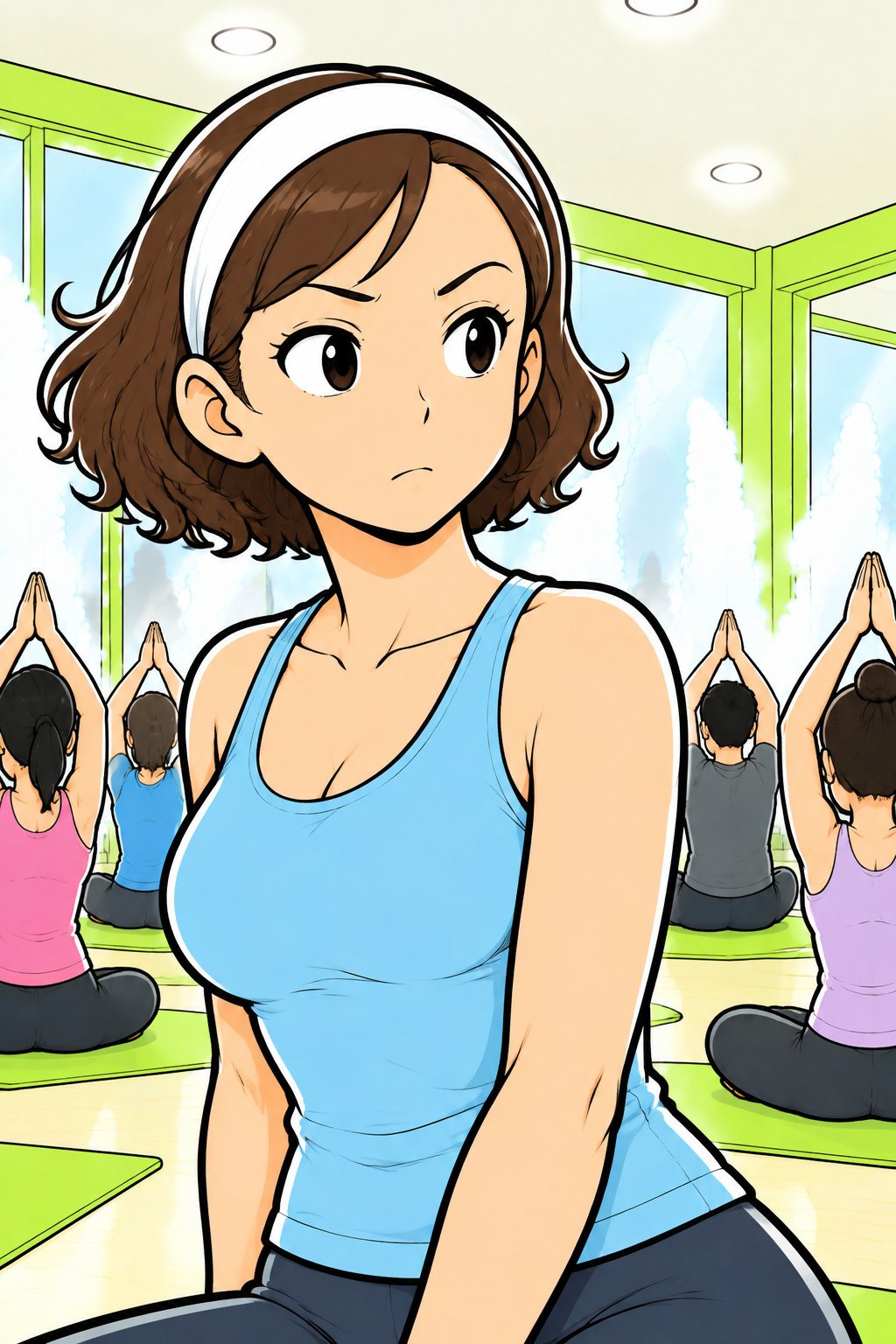 部屋の前から、笑顔を消した真顔で、じっと横の後ろの列を見るインストラクター。