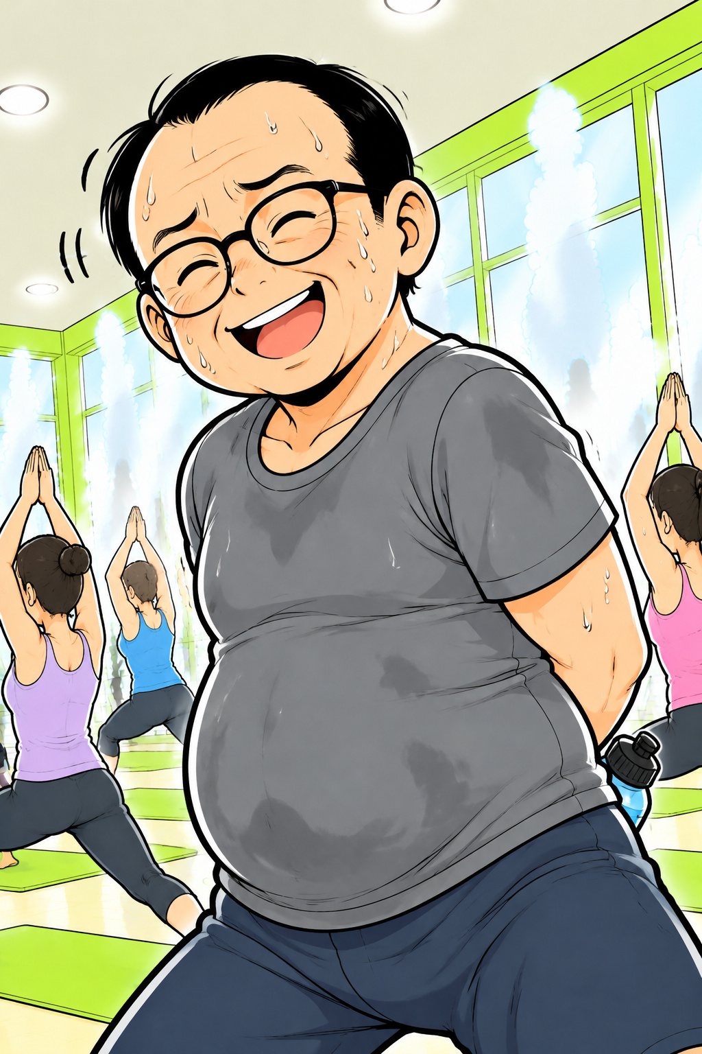 汗だくのまま、ごまかすように笑ってうなずく中年の男性。背中にボトルの先が見えている。