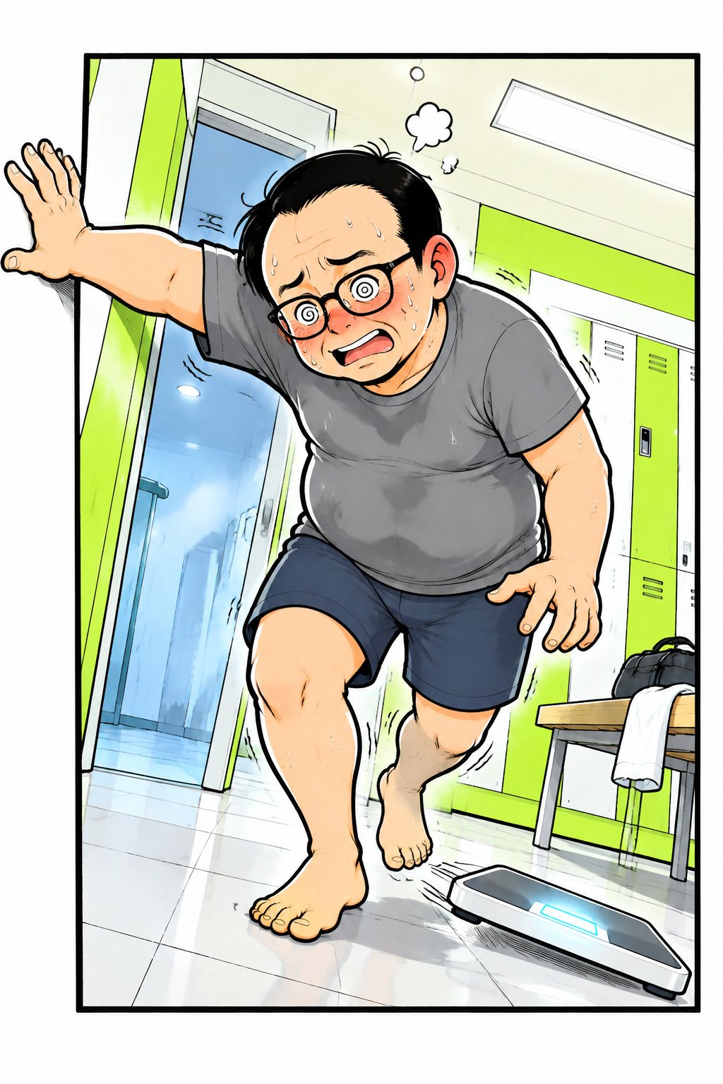 体重計から降りたとたん、世界がかたむき、壁へ手を伸ばしてよろける中年の男性。目が回り、顔が赤い。体重計が床をすべる。