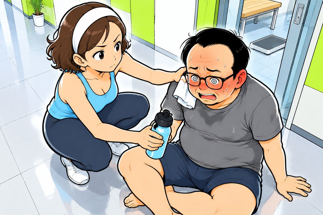 更衣室の前の涼しい廊下。床に座りこんだ中年の男性の首に、しゃがんだインストラクターが冷たいタオルを当て、水のボトルを手に握らせる。