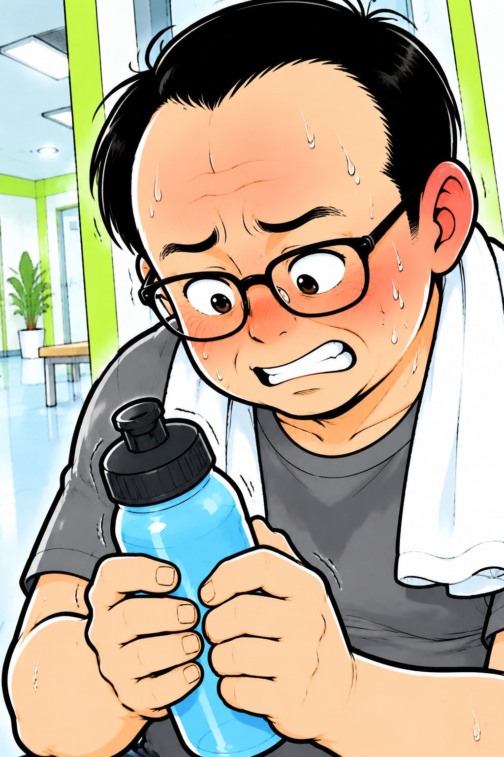 廊下の床に座ったまま、手の中の水のボトルをまじまじと見る中年の男性の寄り。首に冷たいタオル、頬がまだ赤い。