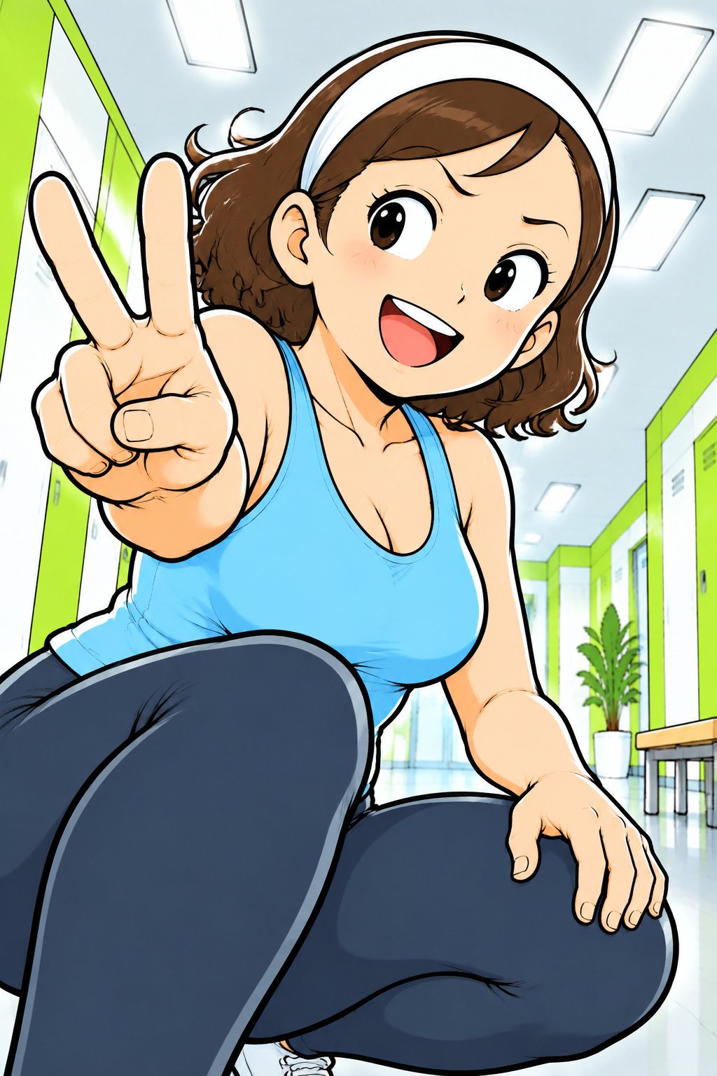 しゃがんだまま、指を2本立ててにっこり説明するインストラクター。白いヘアバンド。