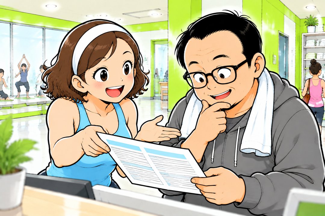 ホットヨガのスタジオの受付。左にインストラクターが案内の紙を差し出して笑い、右に灰色のパーカーに着替えて首に冷たいタオルを掛けた中年の男性が、あごに手を当てて紙を見る。紙は読めない線だけ。