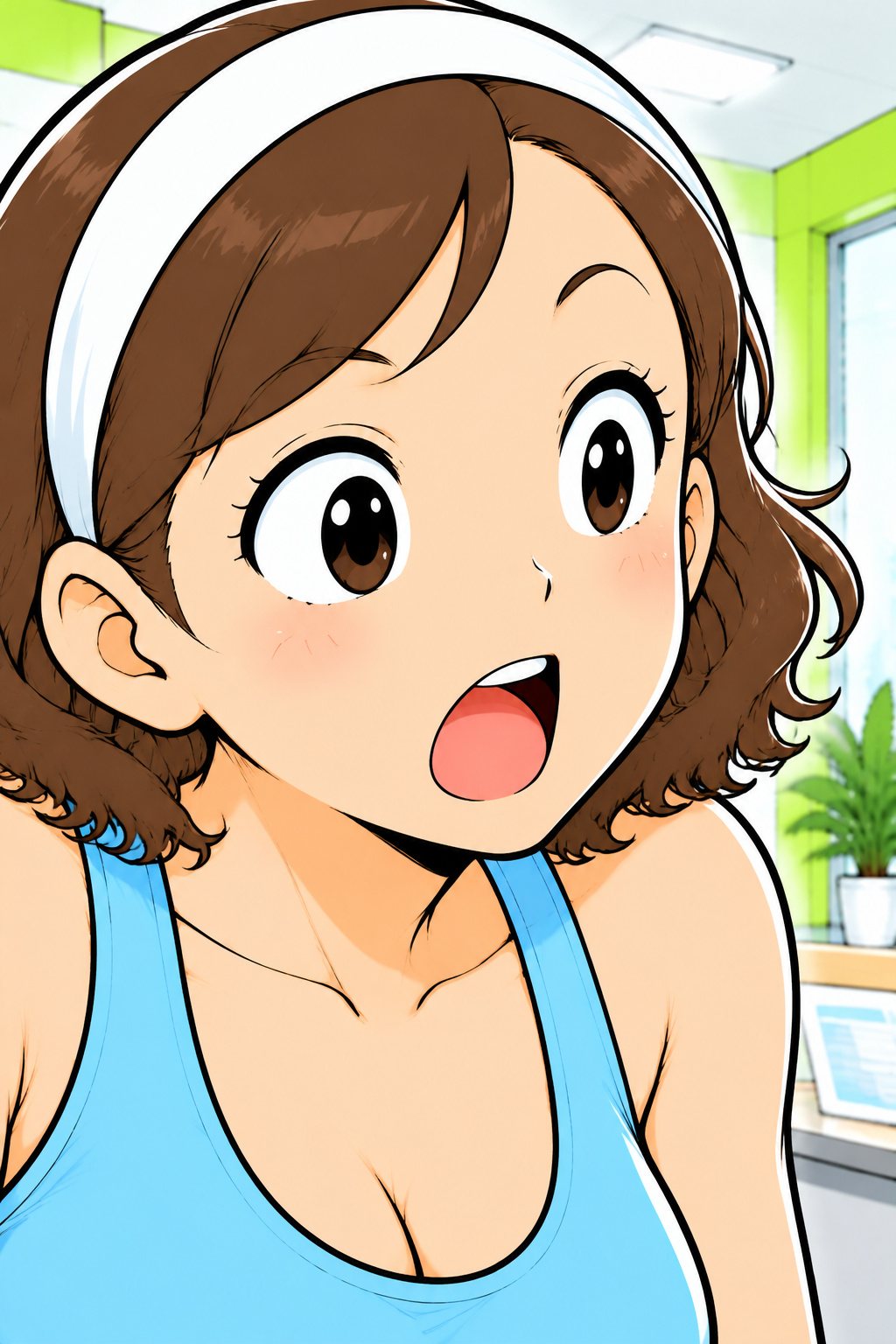 目をまるくして口をあける、若い女性のインストラクターの寄り。ヘアバンドの下の額に汗ひとつない。